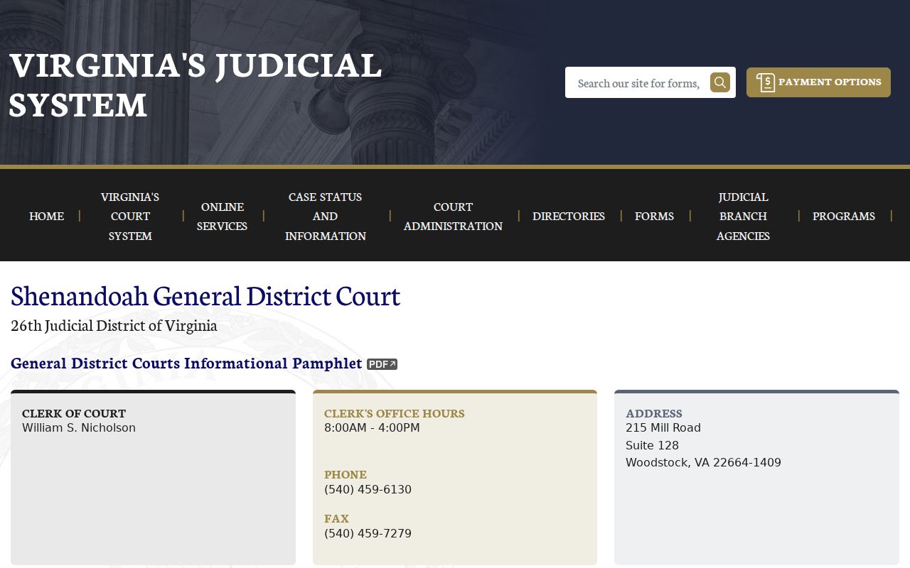 General District calendar for Shenandoah County criminal cases