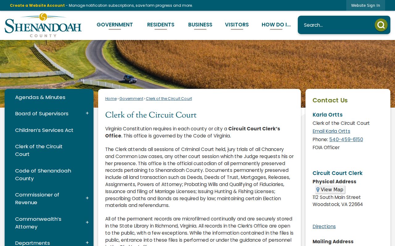Shenandoah County criminal court records Clerk page