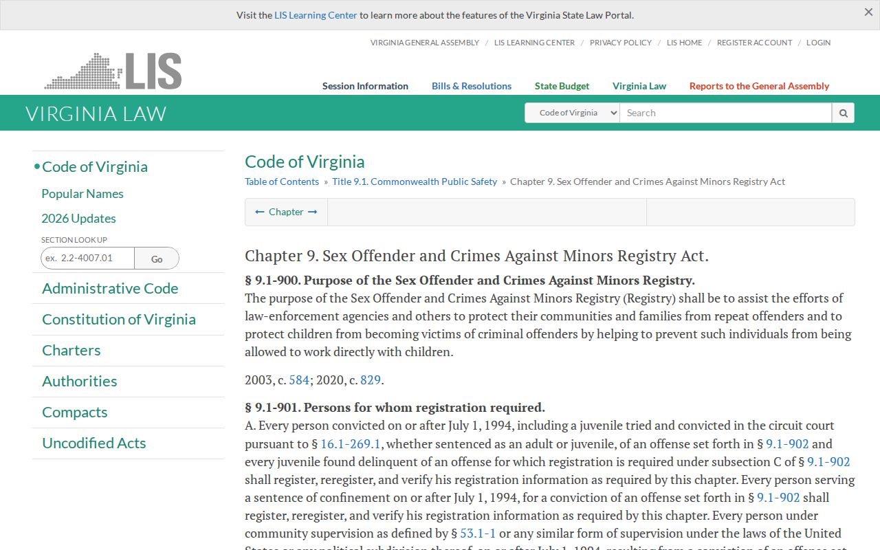 Virginia Registry Act governing Shenandoah County sex offender registration requirements